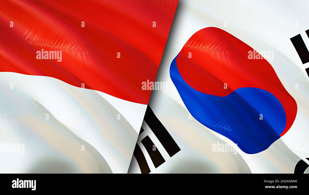 Indonesia and South Korea flags. 3D Waving flag design. Indonesia South