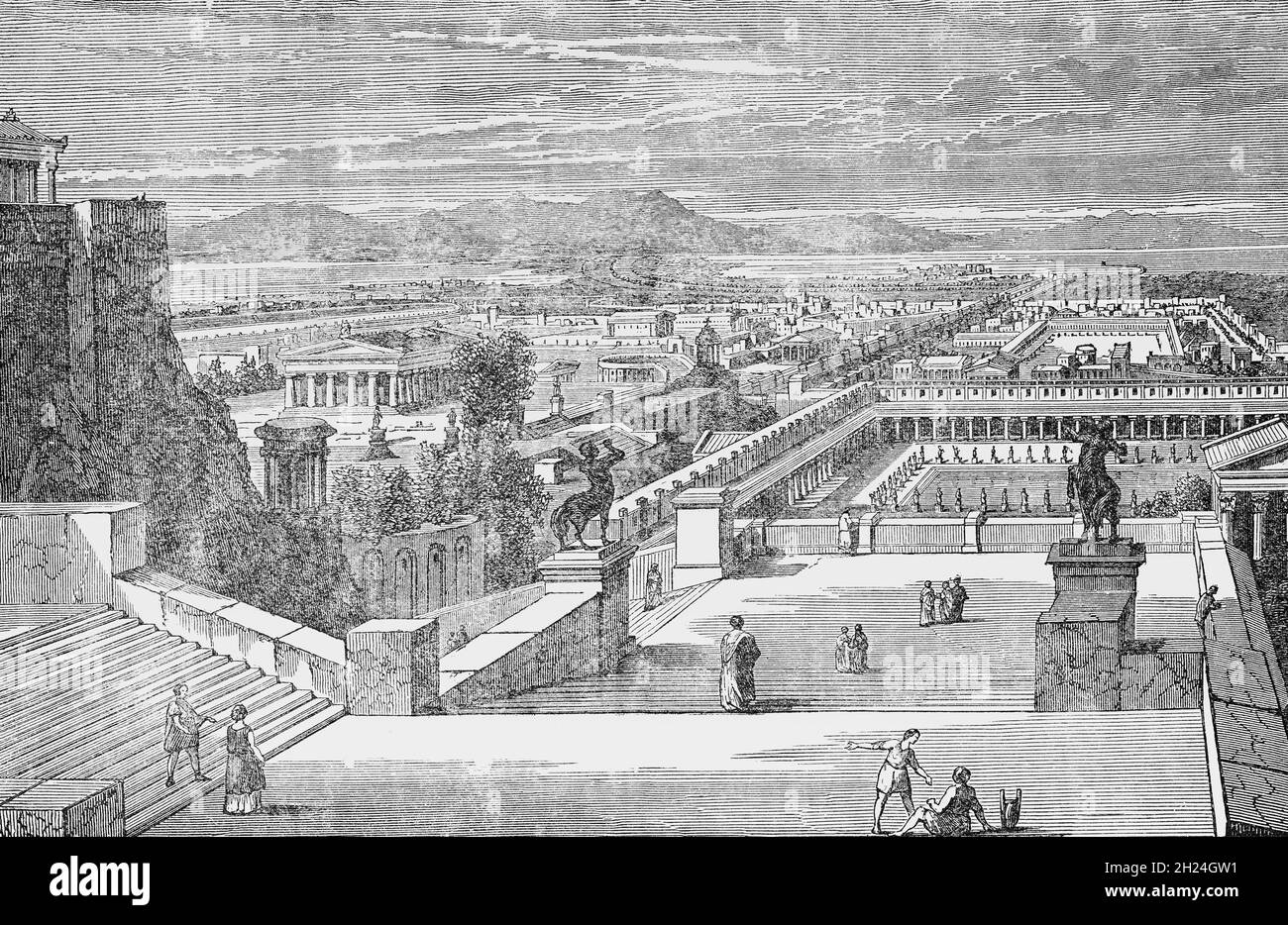 A late 19th Century illustration of Corinth, a former municipality in Corinthia, Peloponnese, which is located in south-central Greece. It begin in the early 8th century BC, when Corinth began to develop as a commercial center. In 146 BC, Corinth was captured and was completely destroyed by the Roman army. As a newly rebuilt Roman colony in 44 BC, Corinth flourished and became the administrative capital of the Roman province of Achaea. Stock Photo