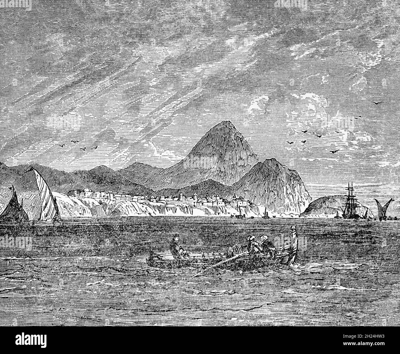 A late 19th Century illustration of Pylos, historically known as Navarino, is a town and a former municipality in Messenia, Peloponnese, Greece. It was one of the last places which held out against the Spartans in the Second Messenian War, after which the inhabitants emigrated to Cyllene. Stock Photo