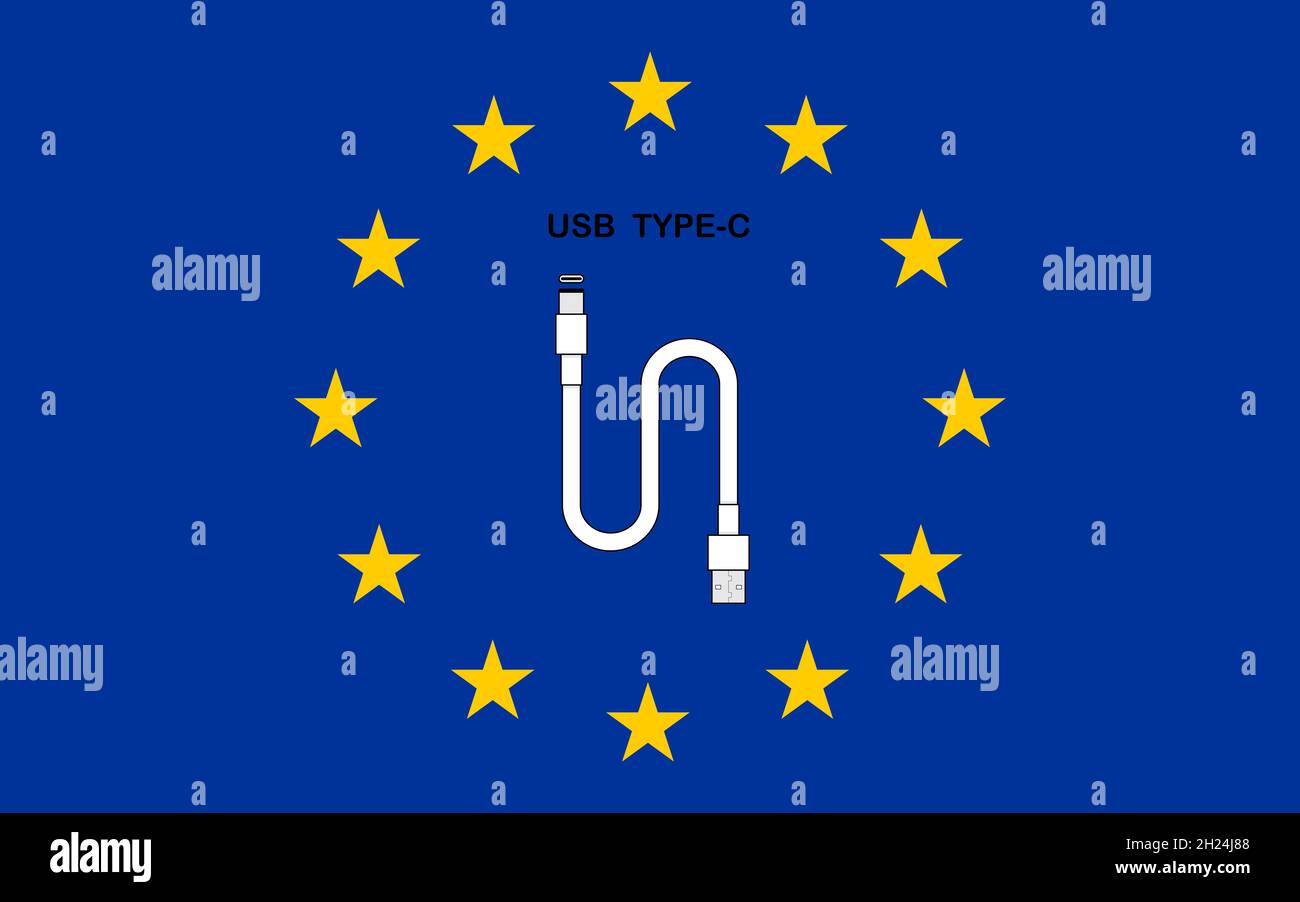 European union bans lightning cable. Hand trying to plug type-c cable into smartphone, forbidden icon. . Stock Photo