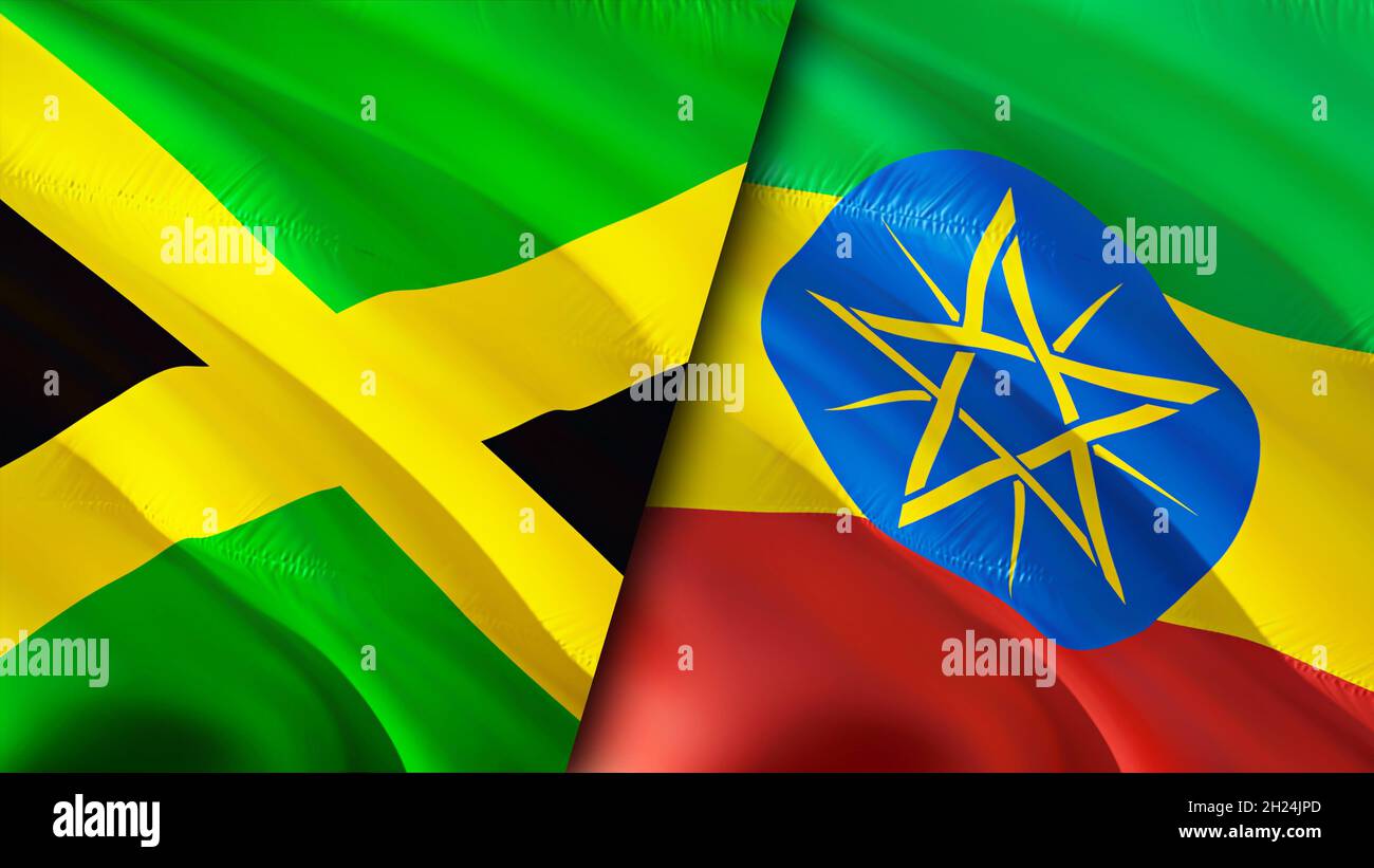 Jamaica and Ethiopia flags. 3D Waving flag design. Jamaica Ethiopia