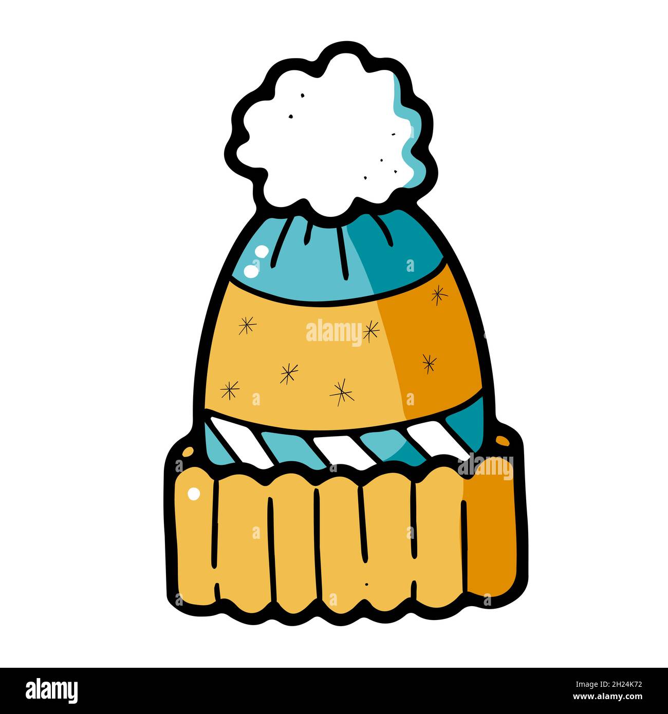Warm winter knitted hat with pompom in doodle style Stock Vector