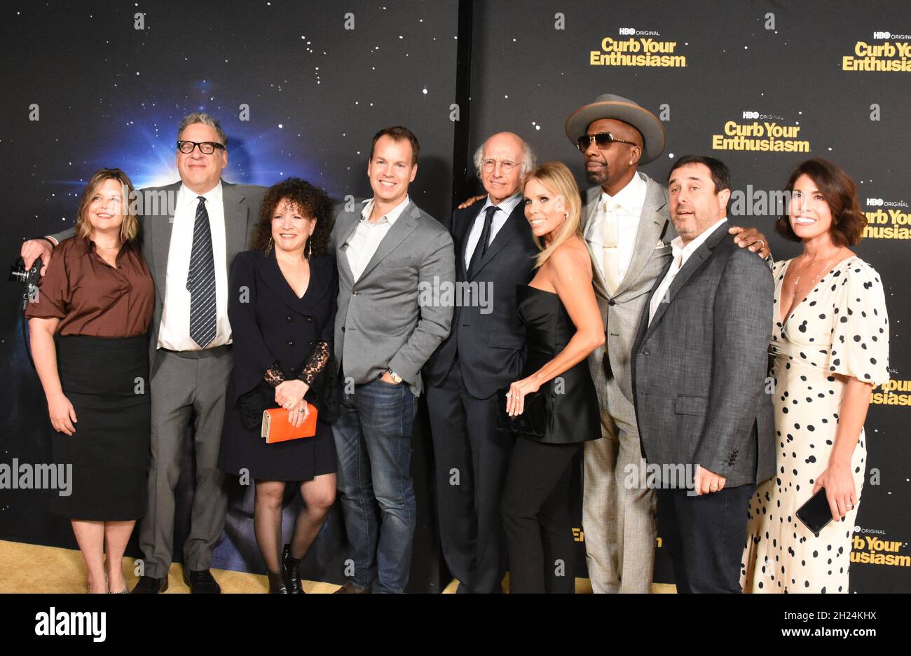 Los Angeles, California, USA 19th October 2021 (L-R) Executive Vice President of HBO Programming Amy Gravitt, Actor Jeff Garlin, Actress Susie Essman, Chief Content Officer HBO & HBO Max Casey Bloys, Actor Larry David, Producer Jeff Schaffer, Actress Cheryl Hines and Actor J.B. Smoove attend HBO's 'Curb Your Enthusiasm' Season 11 Premiere at Paramount Theatre on October 19, 2021 in Los Angeles, California, USA. Photo by Barry King/Alamy Live News Stock Photo