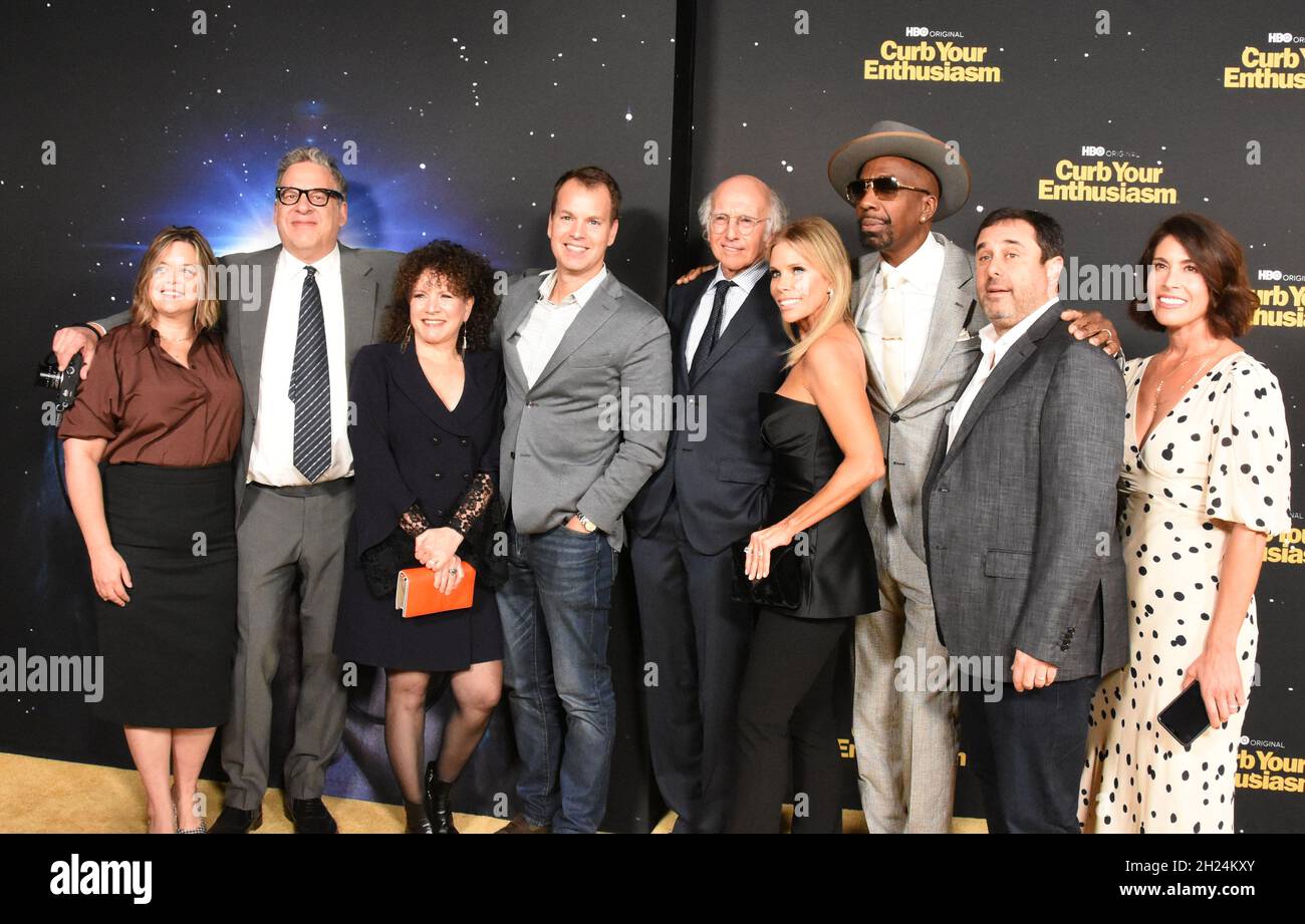 Los Angeles, California, USA 19th October 2021 (L-R) Executive Vice President of HBO Programming Amy Gravitt, Actor Jeff Garlin, Actress Susie Essman, Chief Content Officer HBO & HBO Max Casey Bloys, Actor Larry David, Producer Jeff Schaffer, Actress Cheryl Hines and Actor J.B. Smoove attend HBO's 'Curb Your Enthusiasm' Season 11 Premiere at Paramount Theatre on October 19, 2021 in Los Angeles, California, USA. Photo by Barry King/Alamy Live News Stock Photo