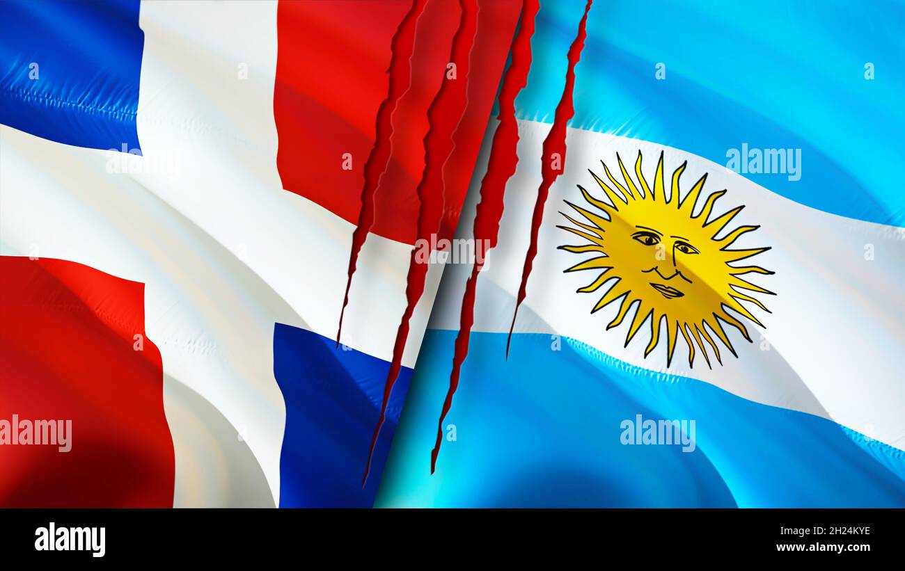 Dominicana and Argentina flags with scar concept. Waving flag,3D rendering. Argentina and Dominican Republic conflict concept. Dominican Republic Arge Stock Photo