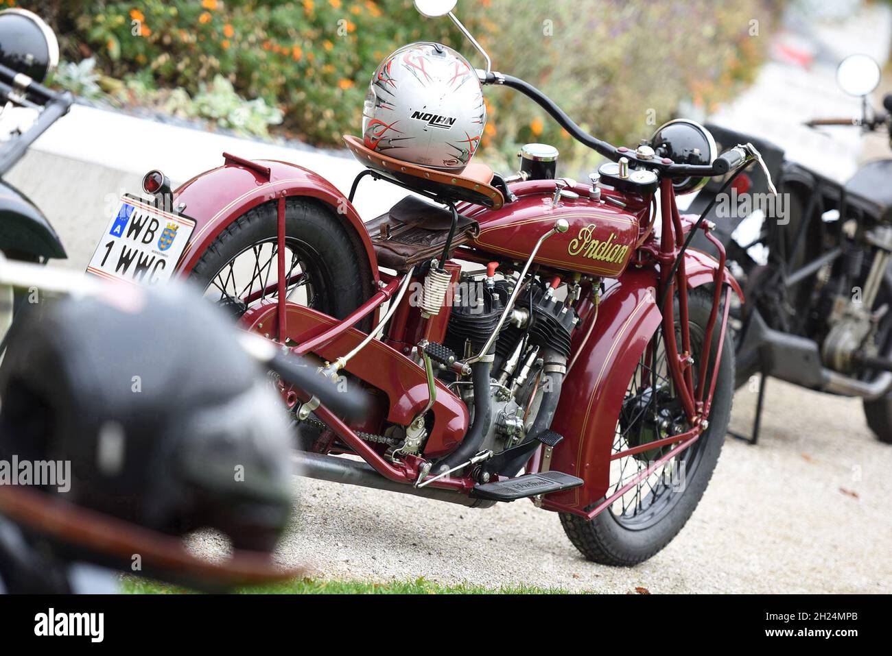 Jährliche Franz-Joseph-Fahrt mit alten Motorrädern in Bad Ischl, Salzkammergut, Österreich, Europa - Annual Franz Joseph ride on old motorcycles in Ba Stock Photo