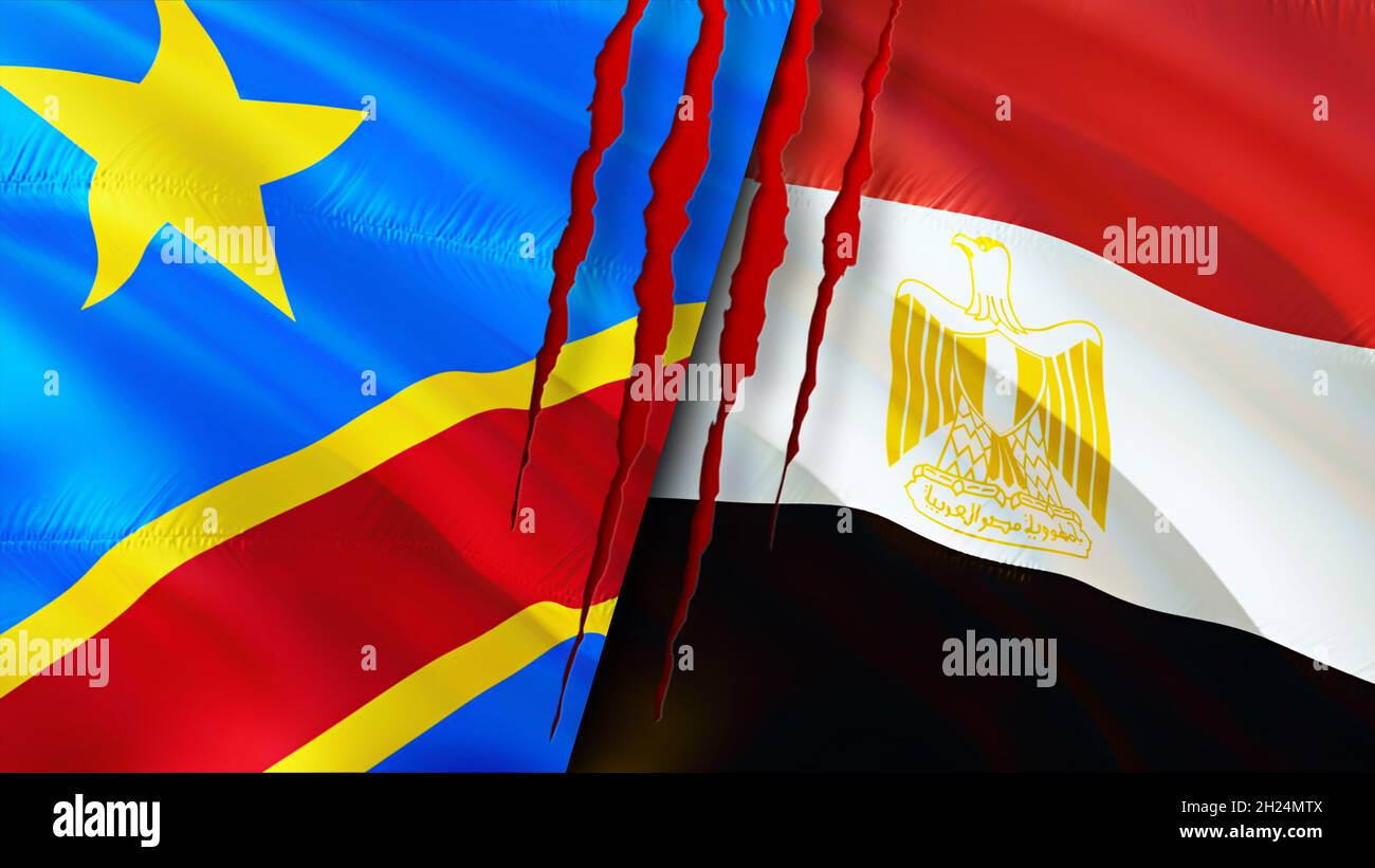 DR Congo and Egypt flags with scar concept. Waving flag,3D rendering
