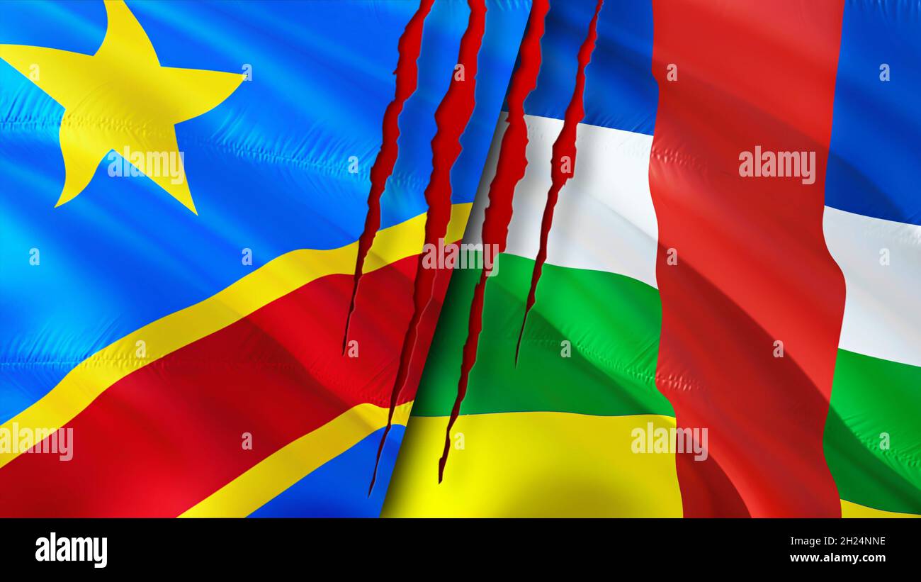 DR Congo and Central African Republic flags with scar concept. Waving flag,3D rendering. Central African Republic and DR Congo conflict concept. DR Co Stock Photo