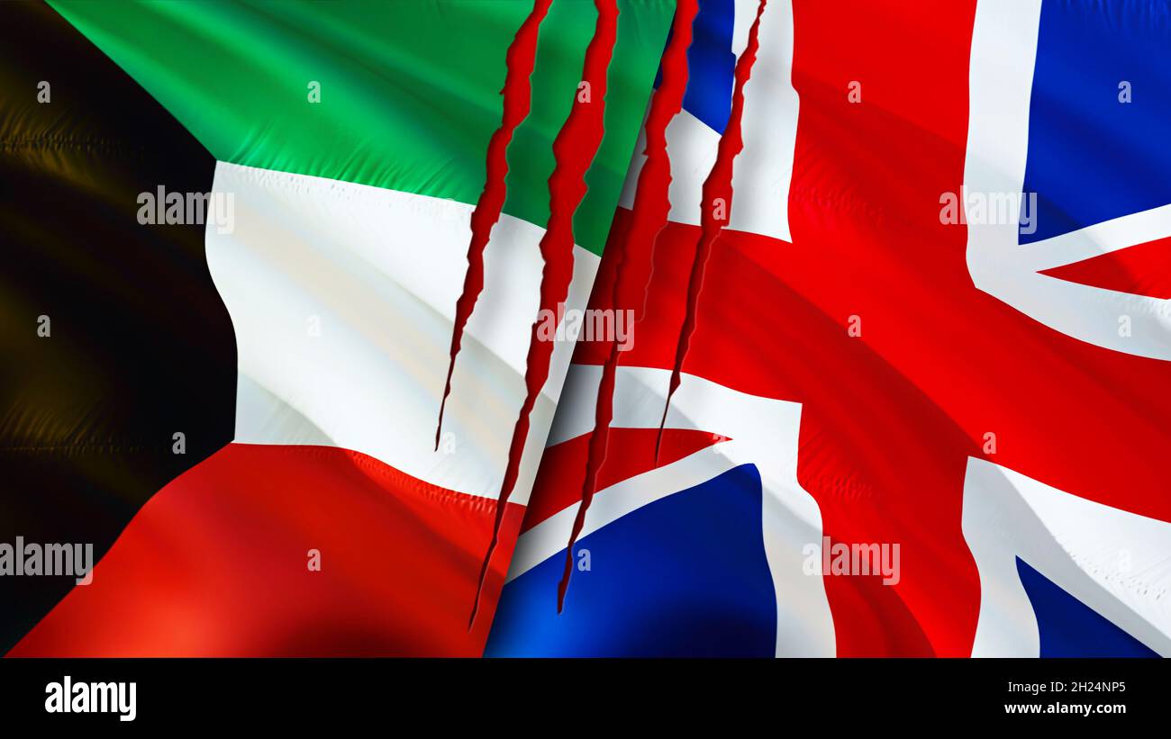 Kuwait and United Kingdom flags with scar concept. Waving flag,3D rendering. United Kingdom and Kuwait conflict concept. Kuwait United Kingdom relatio Stock Photo