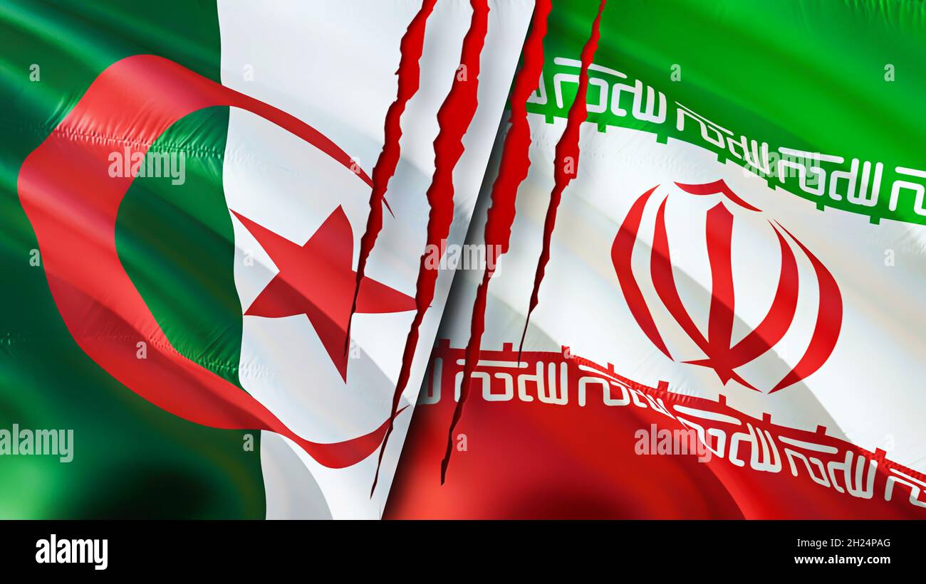 Algeria and Iran flags with scar concept. Waving flag 3D rendering
