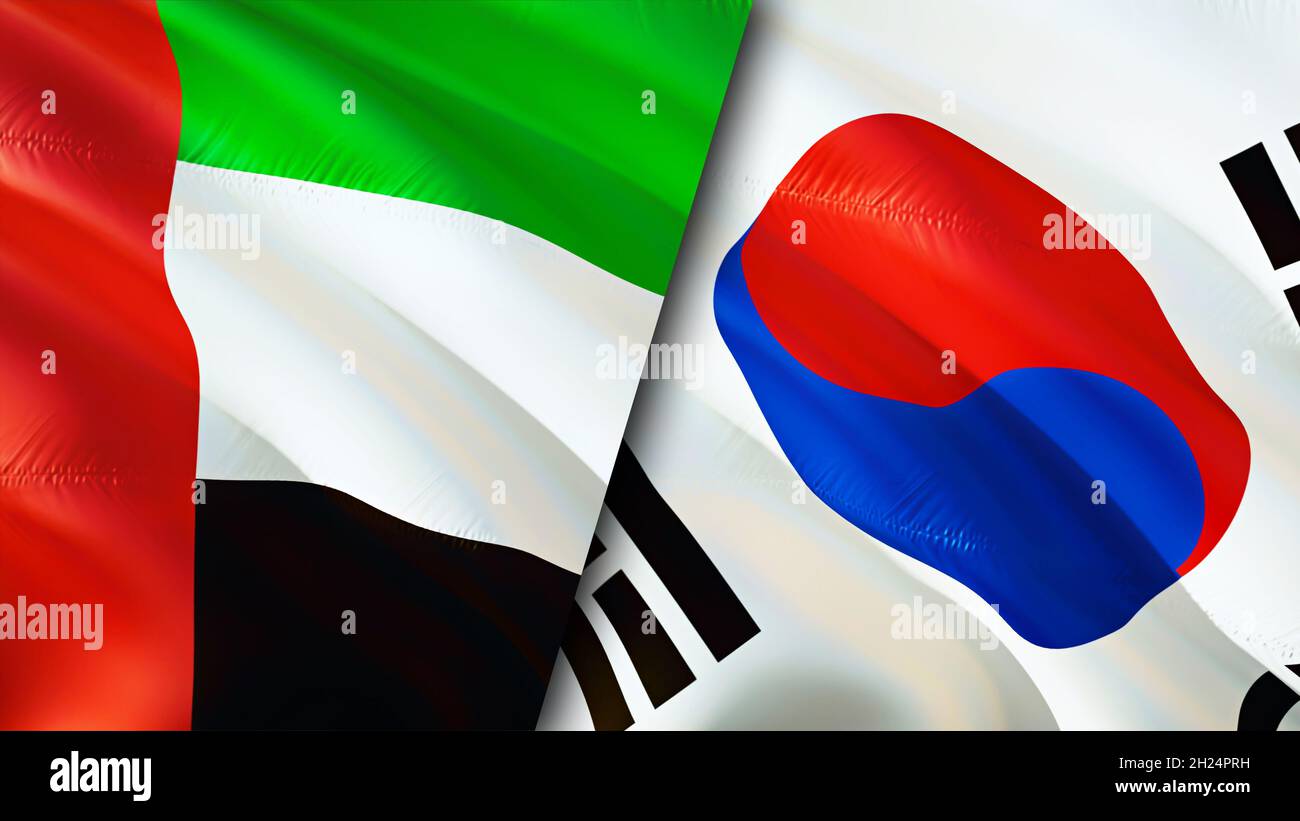 Emirates and South Korea flags. 3D Waving flag design. South Korea