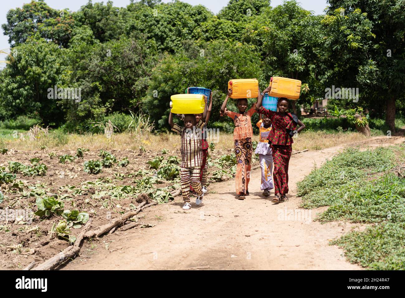 Group of black African children with heavy water canisters on their heads on a sunlit sandy path in the middle of vegetable fields; child labour conce Stock Photo