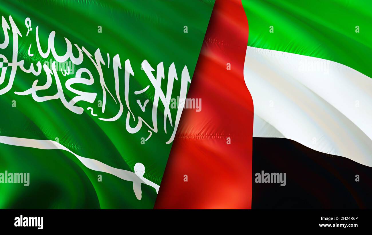 Saudi Arabia and United Arab Emirates flags. 3D Waving flag design ...