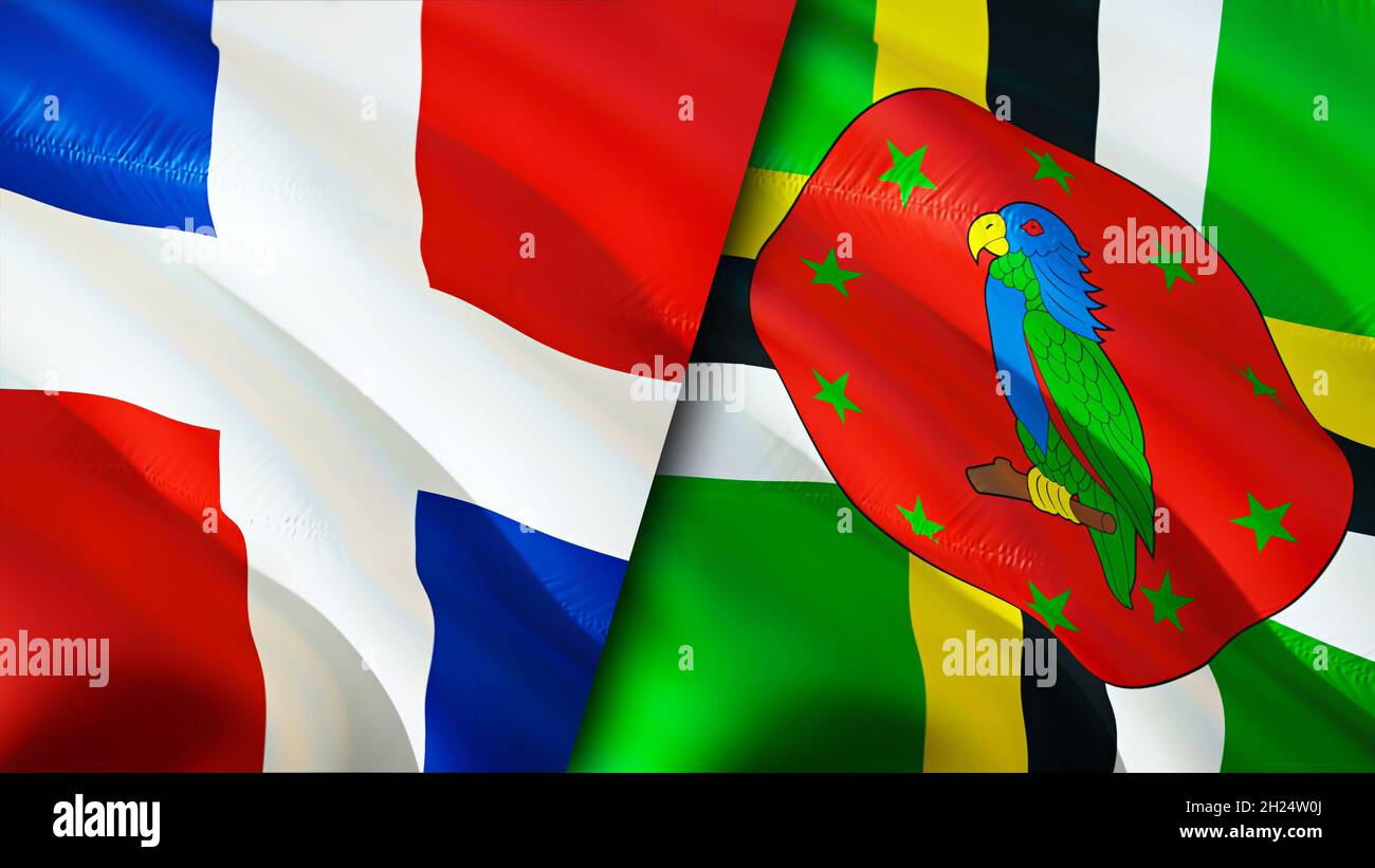 Dominicana and Dominica flags. 3D Waving flag design. Dominica