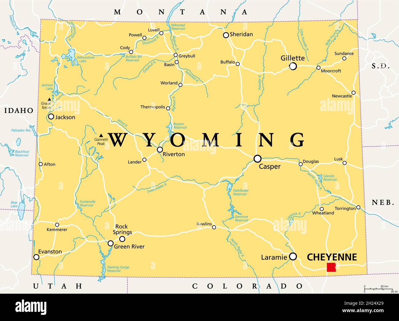 Wyoming, WY, political map, with the capital Cheyenne. State in the Mountain West subregion of the Western United States of America, Equality State. Stock Photo