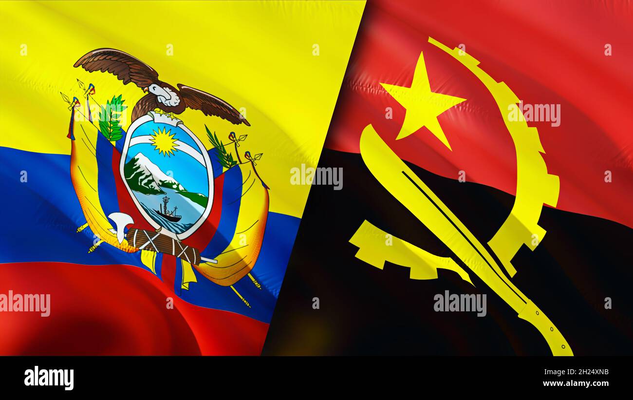 Ecuador and Angola flags. 3D Waving flag design. Ecuador Angola 