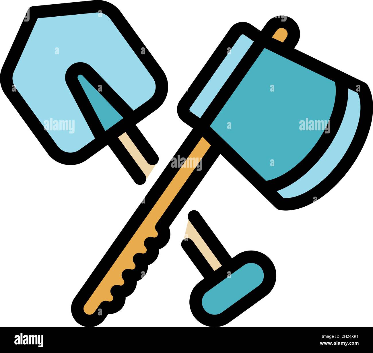 Crossed shovel and axe icon. Outline crossed shovel and axe vector icon