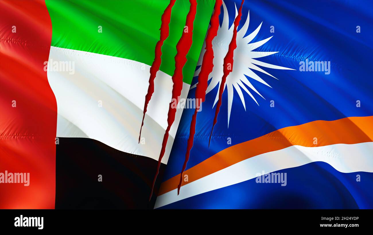Emirates and Marshall Islands flags with scar concept. Waving flag,3D ...