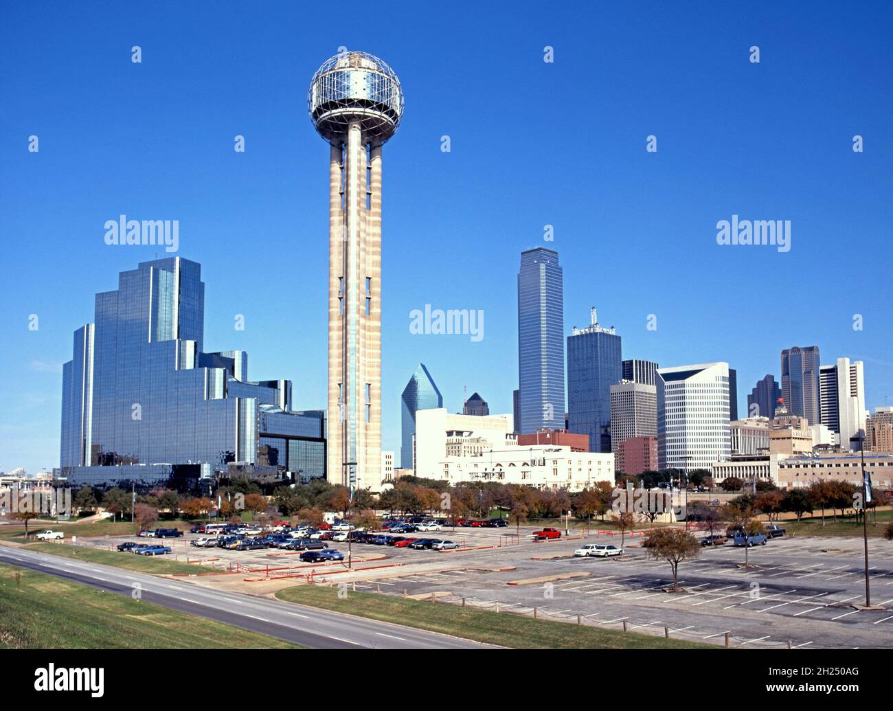 DALLAS, USA - NOVEMBER 17, 1996 - City skyscrapers Re-union tower in the foreground, Dallas, Texas, USA, November 17, 1996 Stock Photo