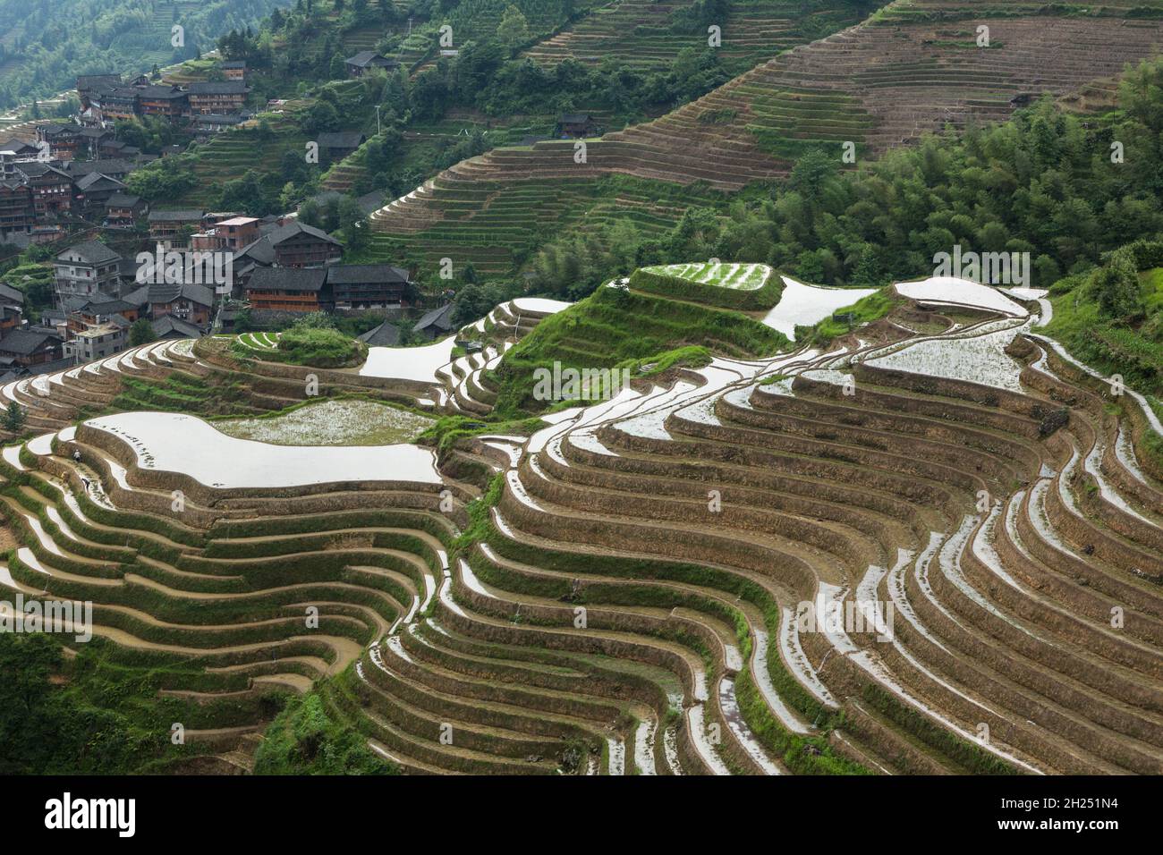 The village of Ping'an and the Ping'an terraces of the Longi rice terraces in Longshen, Guanxi, China. Stock Photo