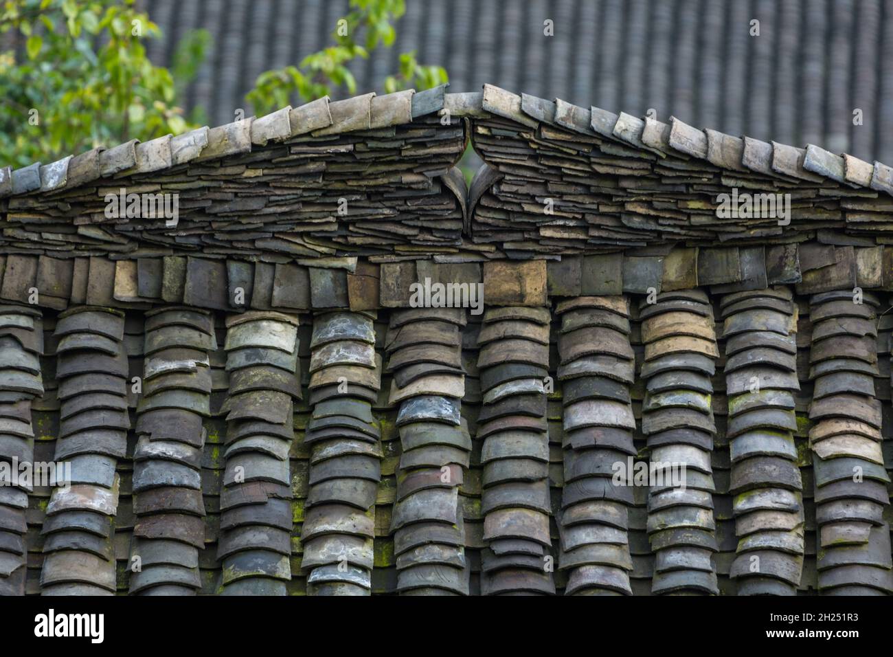 A decorative design in the clay tiles on the roof crest oa a traditional farmhouse in Longshen, China. Stock Photo