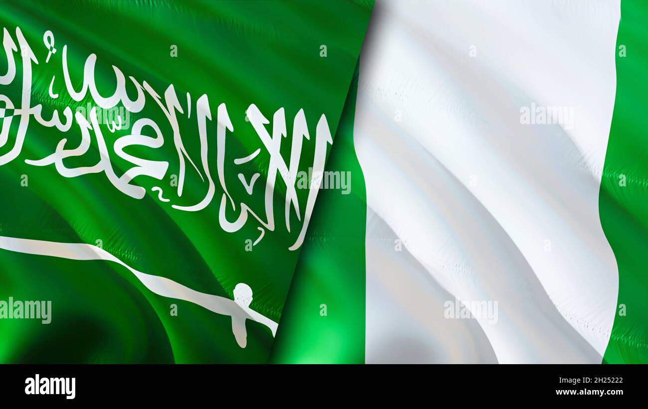 Saudi Arabia and Nigeria flags. 3D Waving flag design. Nigeria Saudi