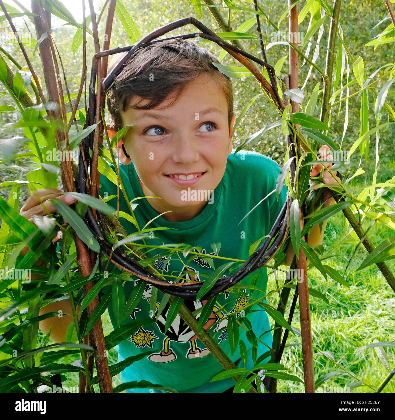 Young smiling happy boy wearing green t shirt looking up through a hole window made with branches of a woven garden structure Wales UK  KATHY DEWITT Stock Photo