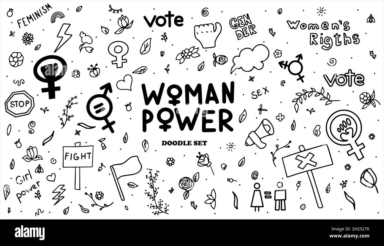 A set of doodle signs of feminism, women s rights. Grunge hand drawn vector icons of Feminism protest symbol isolated on transparency background. A Stock Vector