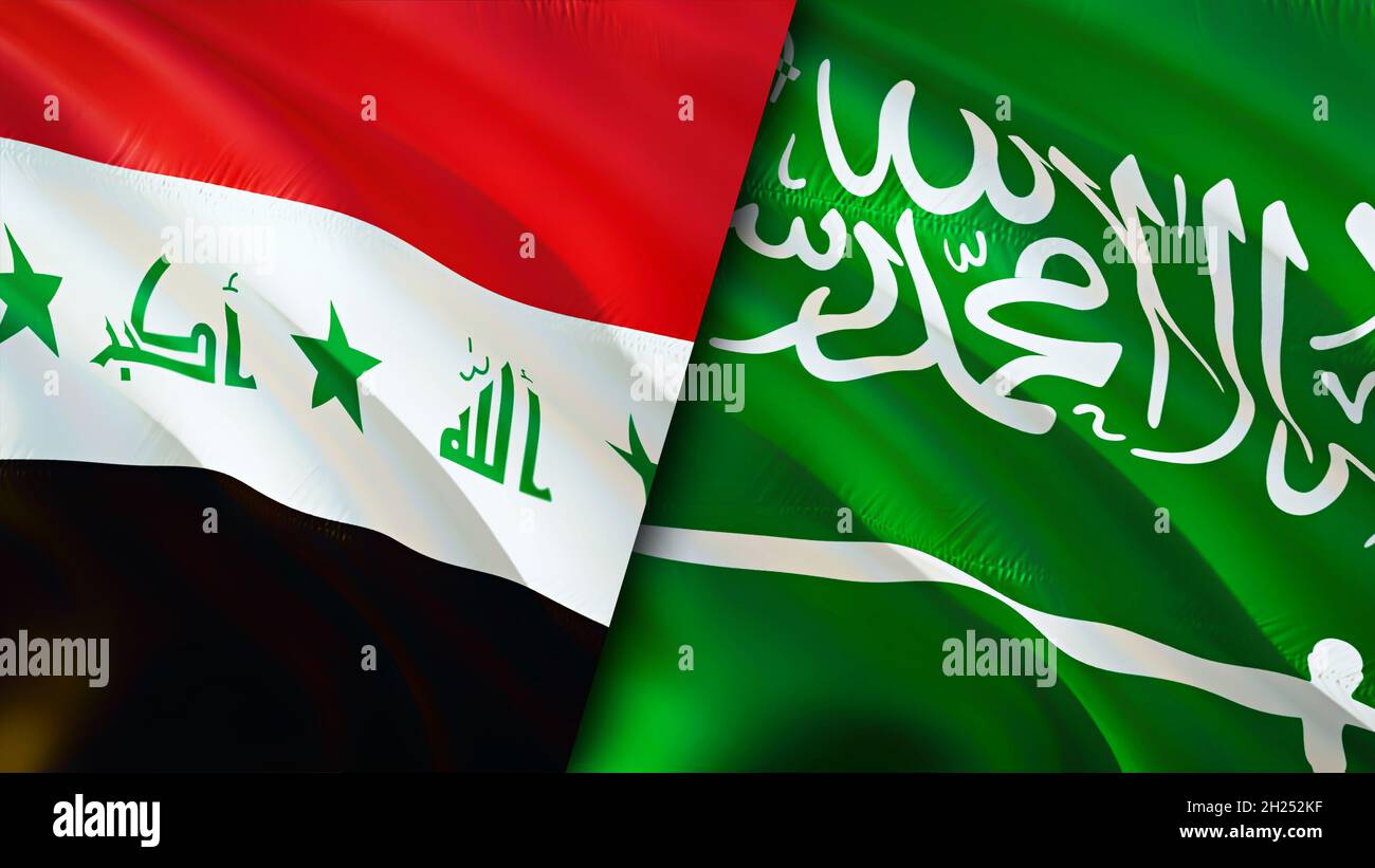 Iraq and Saudi Arabia flags. 3D Waving flag design. Saudi Arabia Iraq