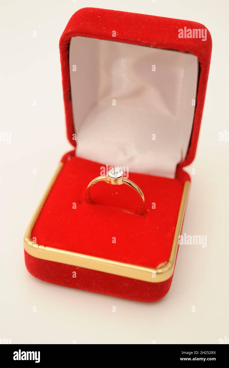 red velvet box and engagement ring Stock Photo