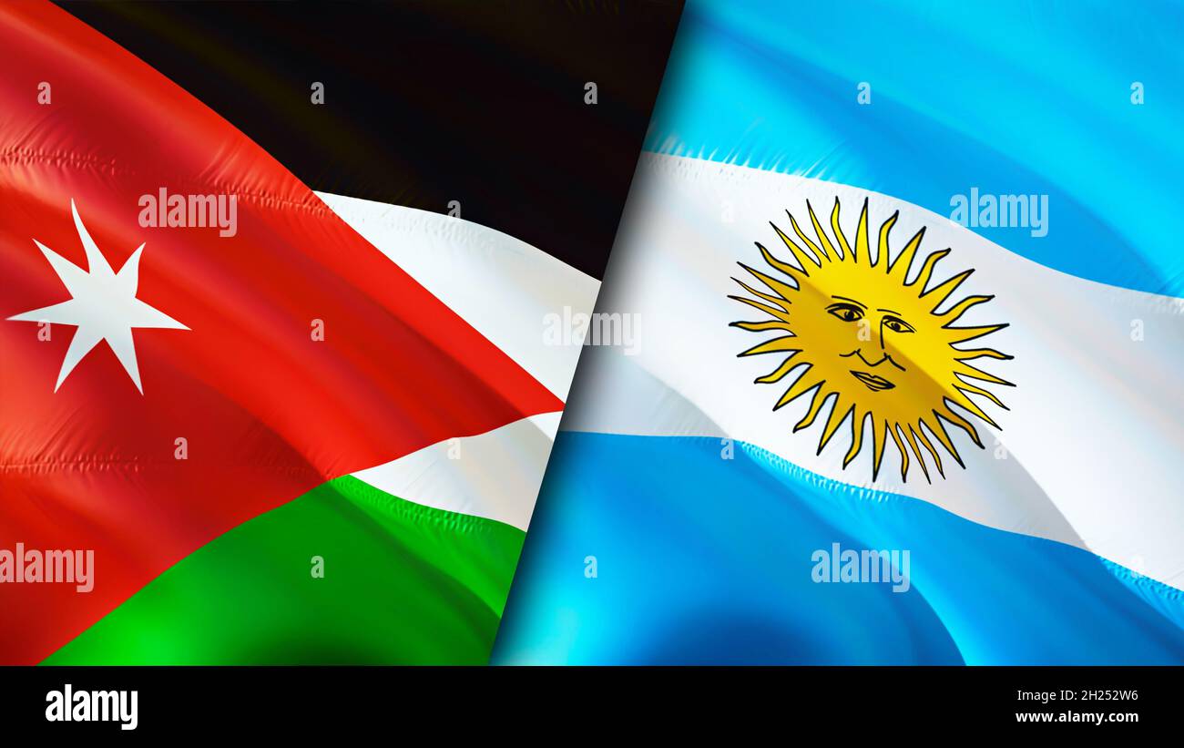 Jordan and Argentina flags. 3D Waving flag design. Argentina Jordan
