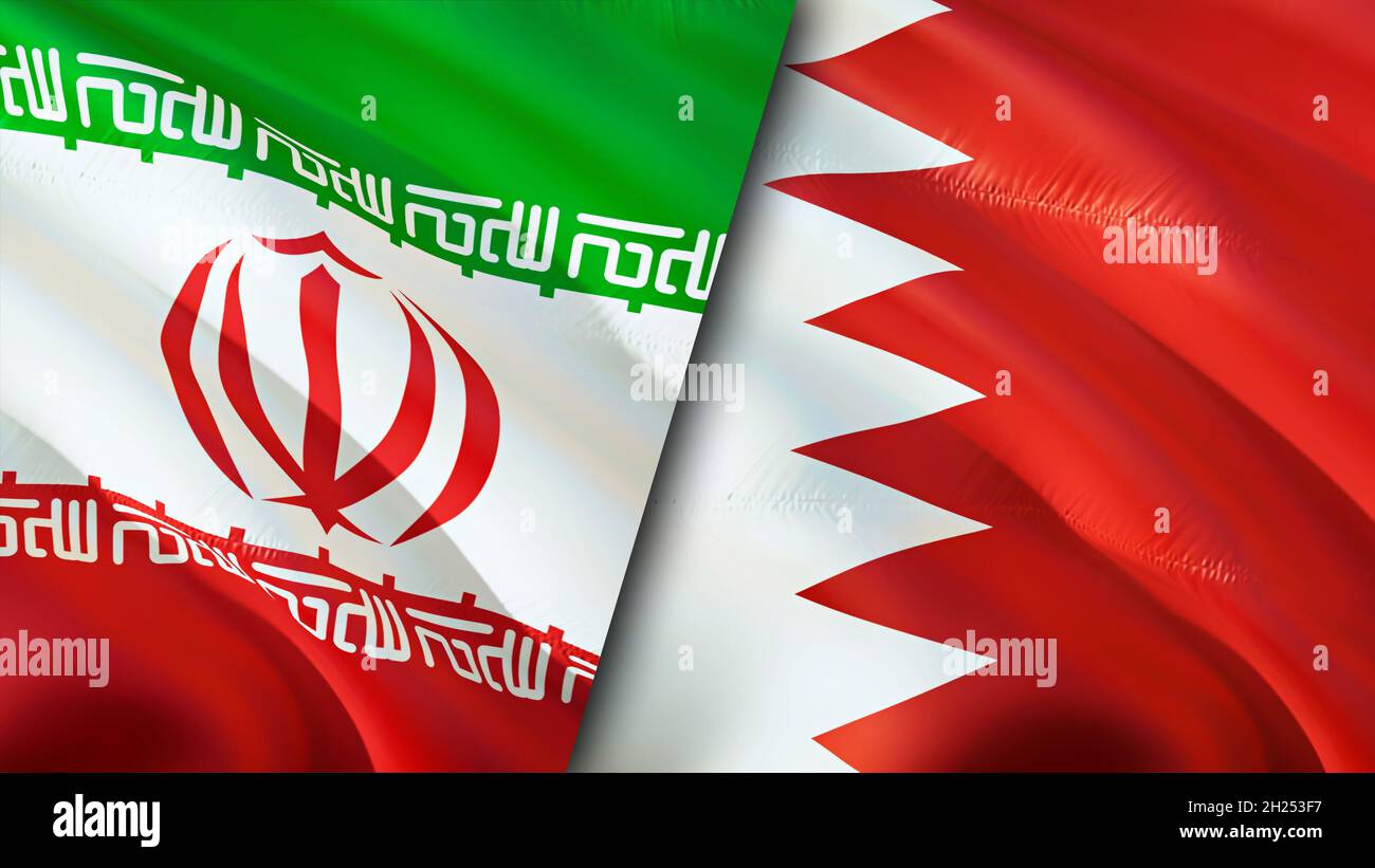 Iran and Bahrain flags. 3D Waving flag design. Bahrain Iran flag