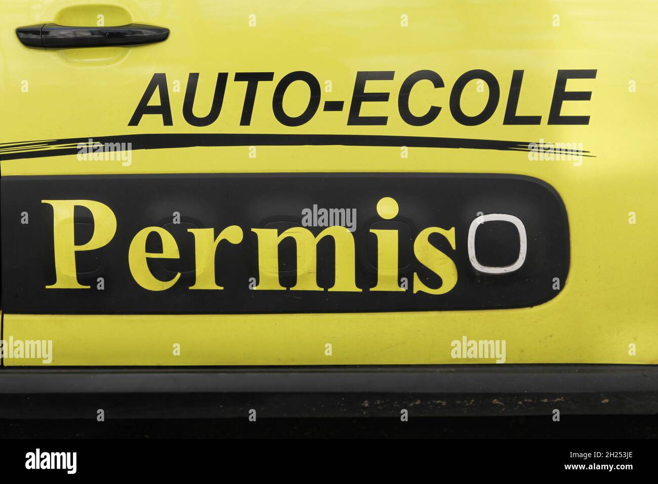 Driving school, licence on a car called auto-ecole, permis in french language Stock Photo