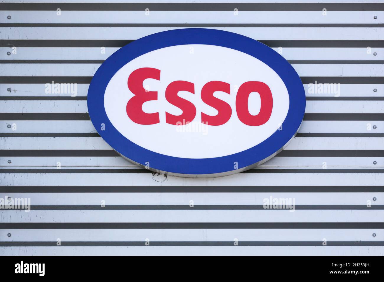 Les Cheres, France - May 21, 2020: Esso logo on a wall. Esso is an international trade name for ExxonMobil Stock Photo