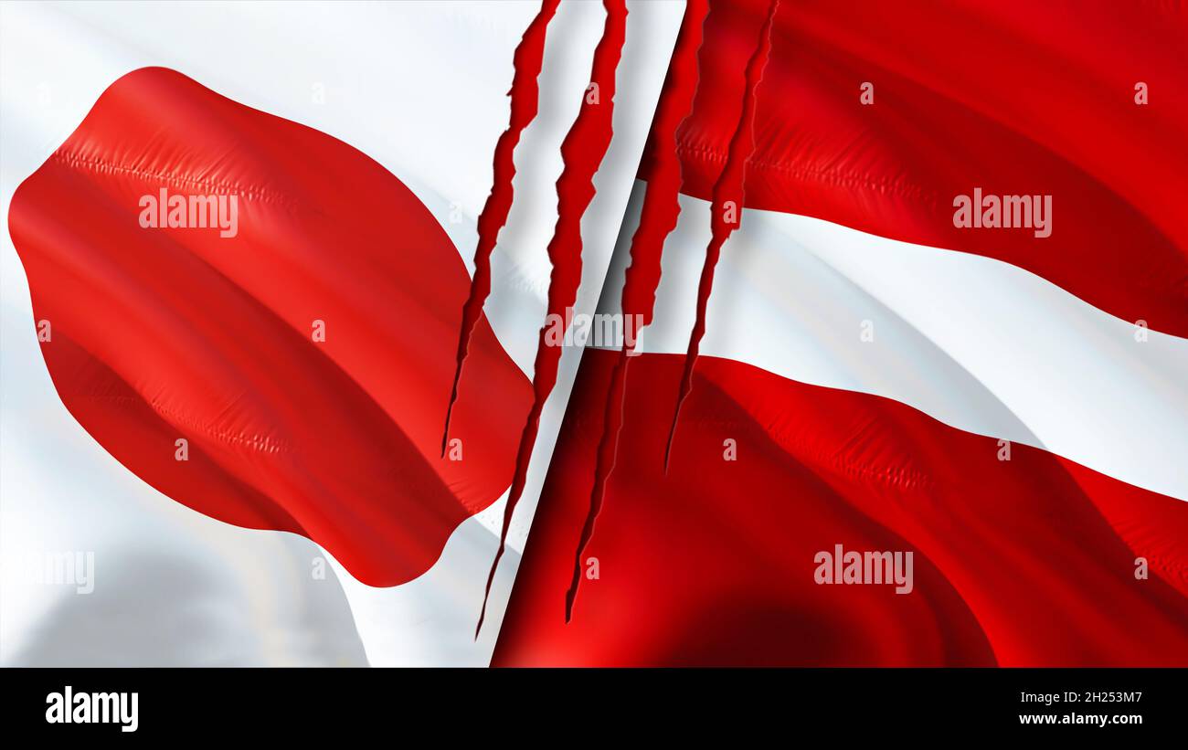 Japan and Latvia flags with scar concept. Waving flag,3D rendering