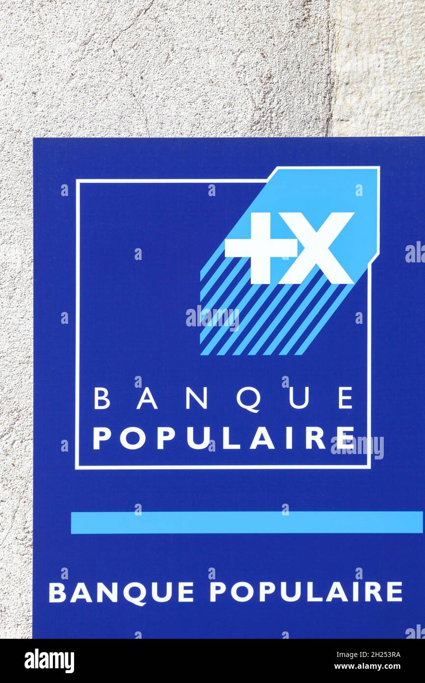 Belleville, France August 23, 2020 Banque Populaire sign on a wall. Banque Populaire is a