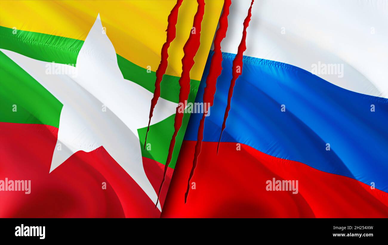 Myanmar And Russia Flags With Scar Concept. Waving Flag,3D Rendering ...