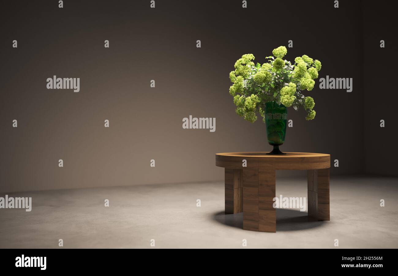 Still life lilac flowers in a vase on the table. 3D illustration, cg ...