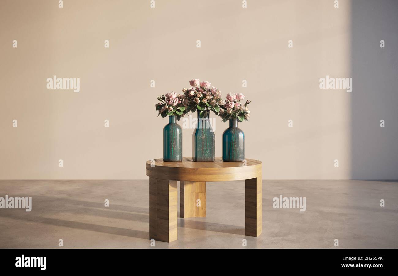 Still life lilac flowers in a vase on the table. 3D illustration, cg ...