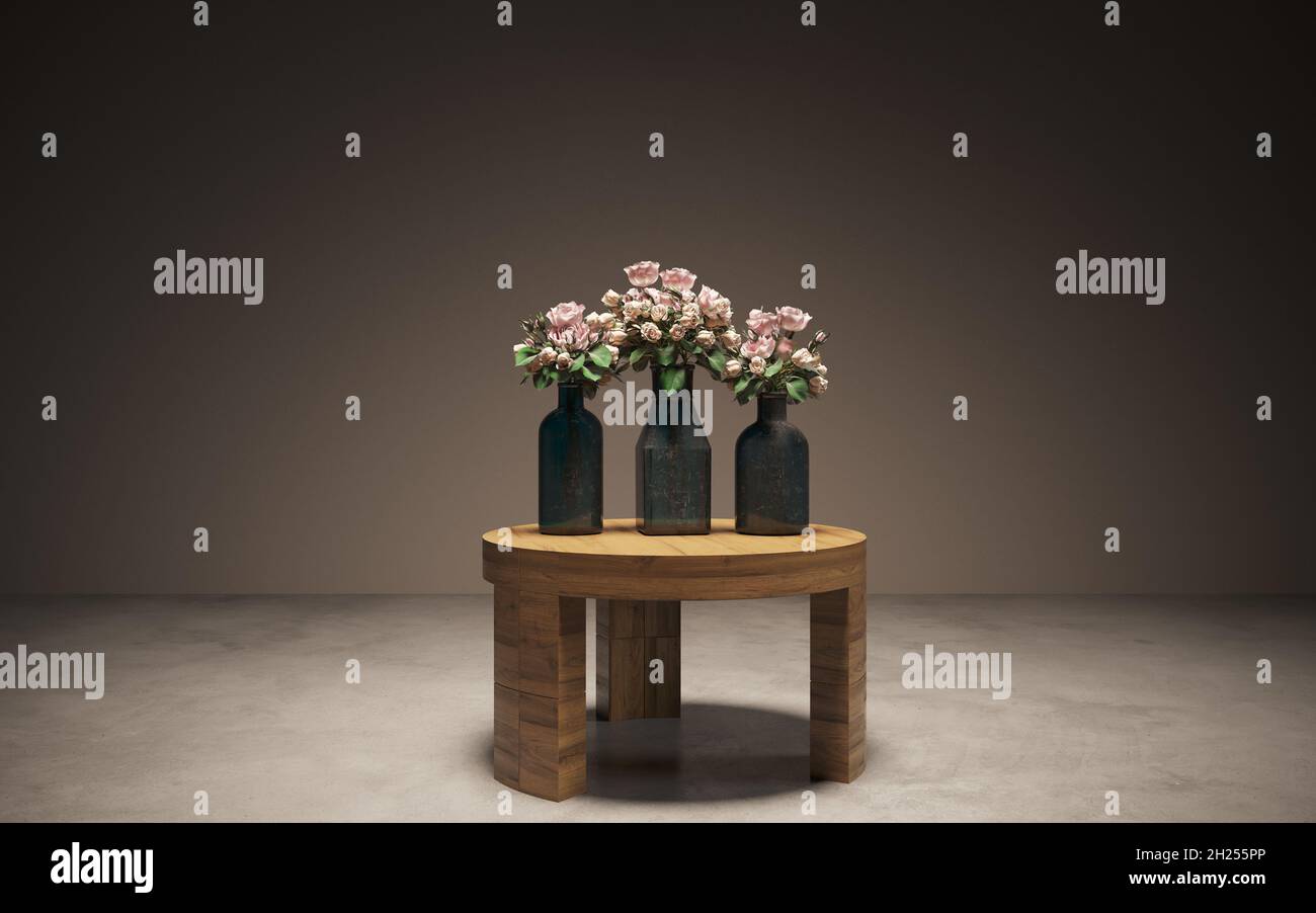 Still life lilac flowers in a vase on the table. 3D illustration, cg ...