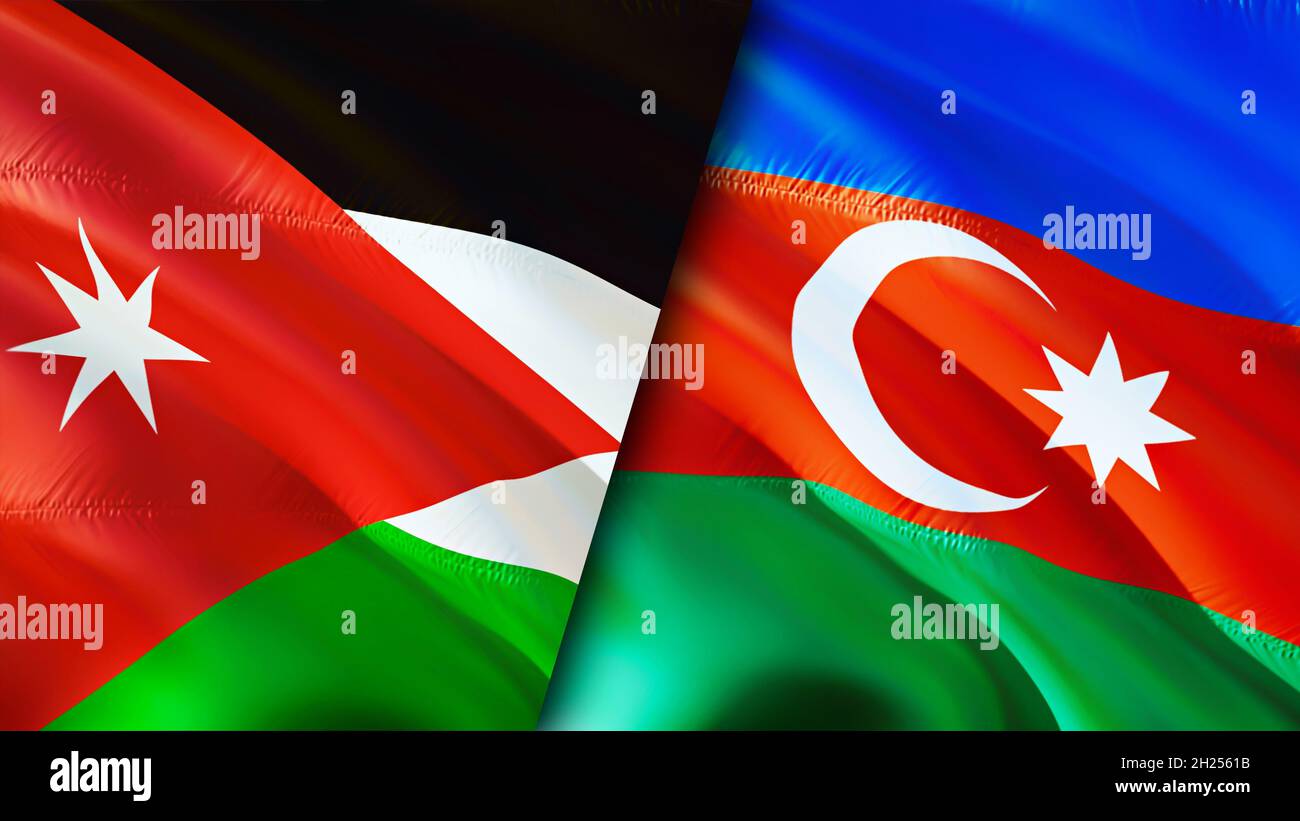 Jordan and Azerbaijan flags. 3D Waving flag design. Azerbaijan Jordan flag, picture, wallpaper. Jordan vs Azerbaijan image,3D rendering. Jordan Azerba Stock Photo