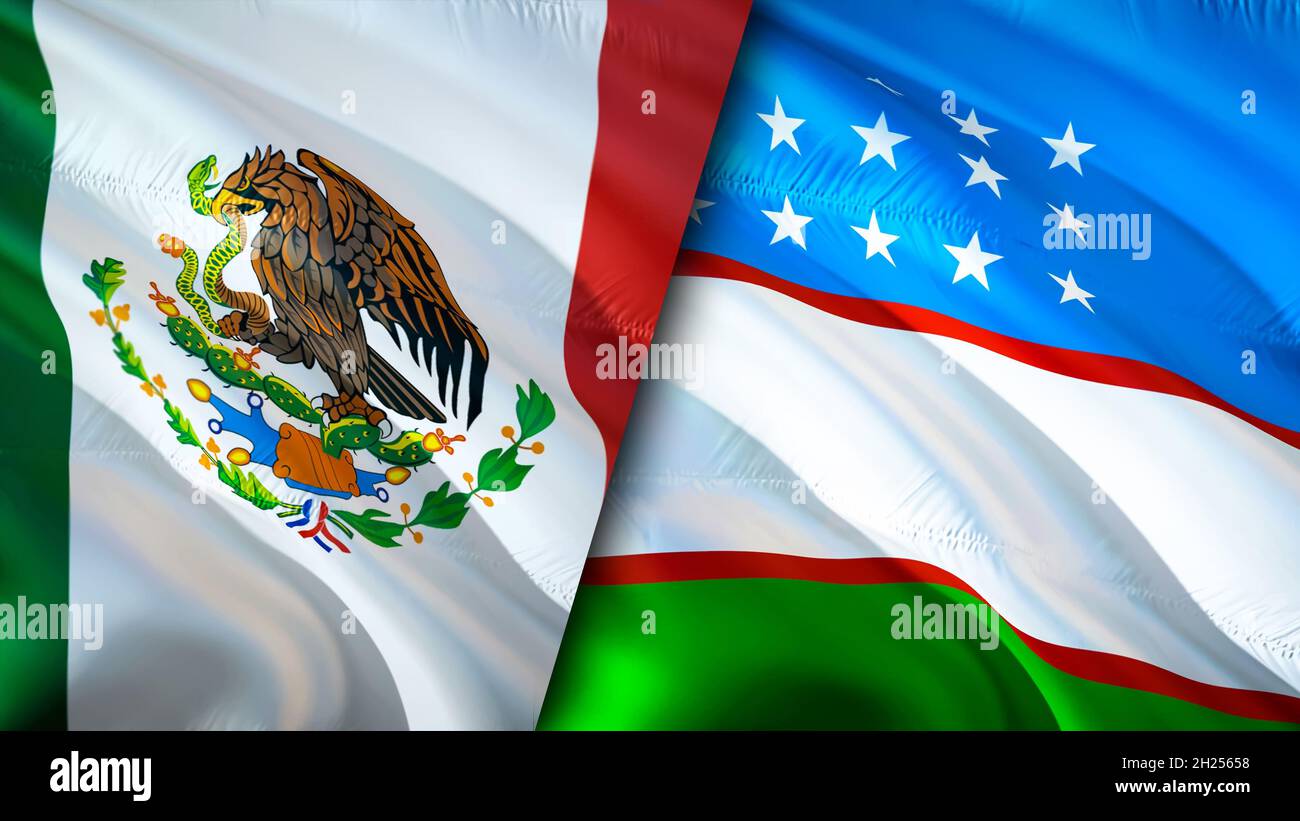 Mexico and Uzbekistan flags. 3D Waving flag design. Mexico Uzbekistan