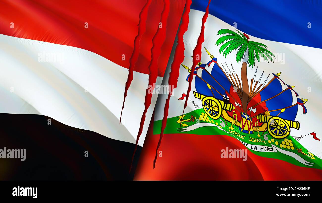 Yemen and Haiti flags with scar concept. Waving flag,3D rendering. Yemen and Haiti conflict concept. Yemen Haiti relations concept. flag of Yemen and Stock Photo