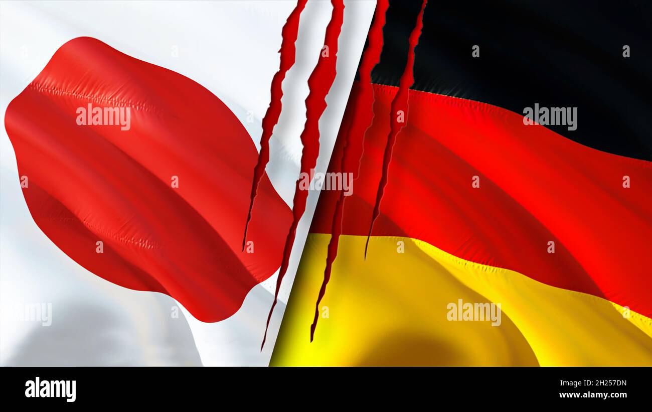 Japan and Germany flags with scar concept. Waving flag,3D rendering