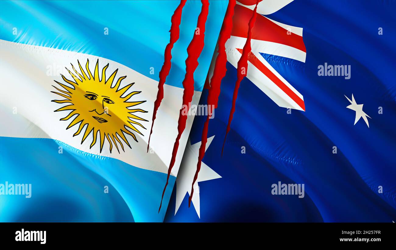 Argentina and Australia flags with scar concept. Waving flag 3D