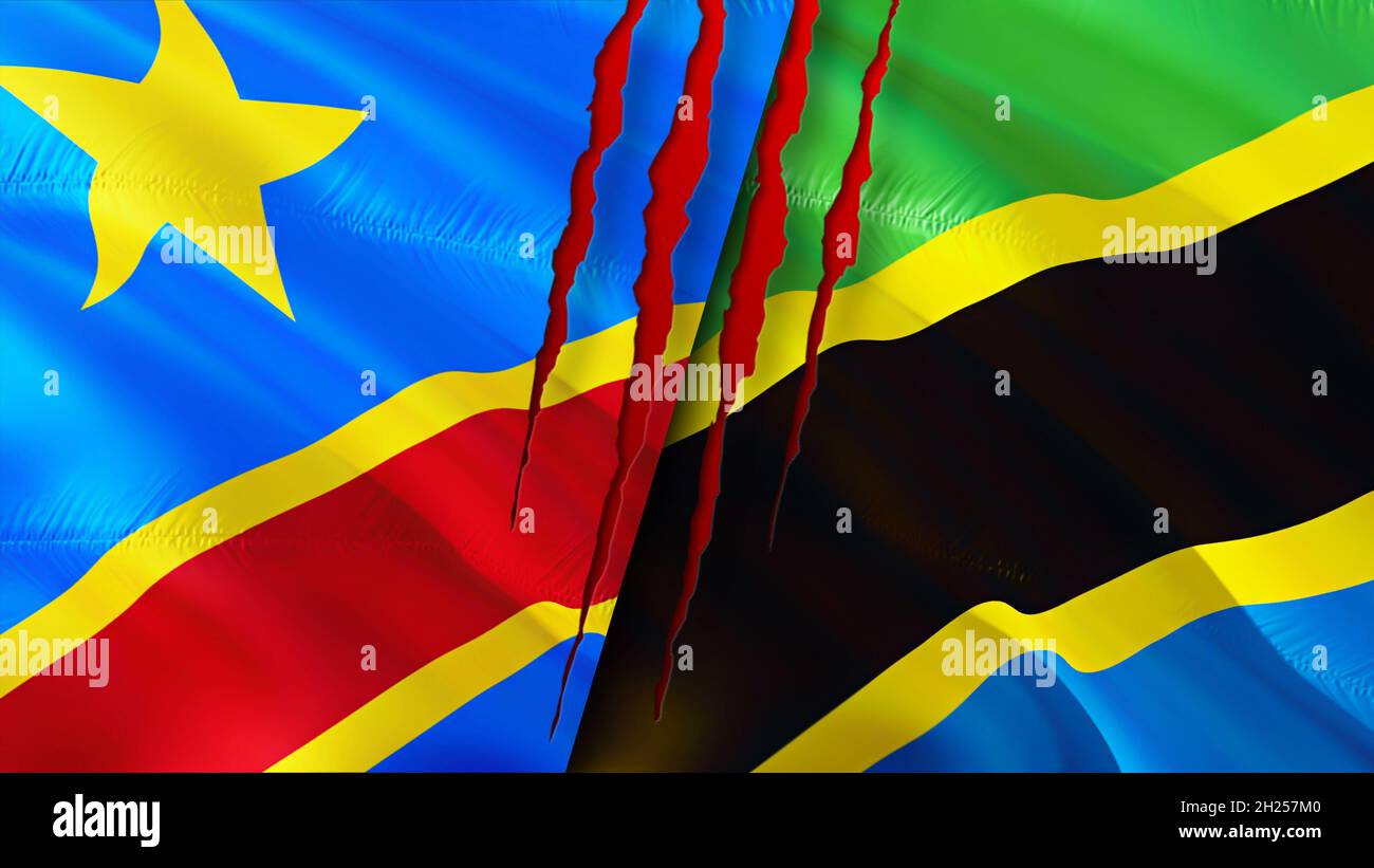 DR Congo and Tanzania flags with scar concept. Waving flag,3D rendering. Tanzania and DR Congo