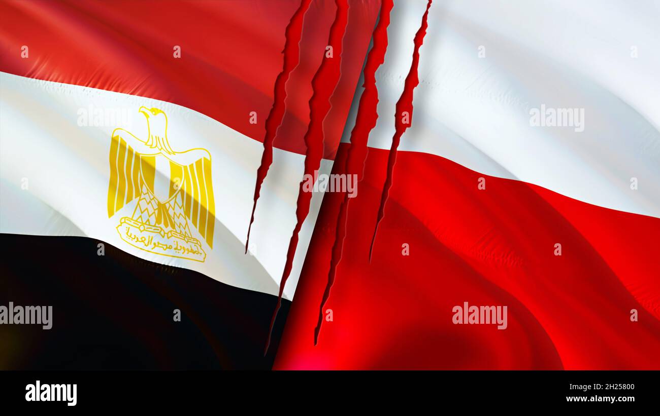 Egypt and Poland flags with scar concept. Waving flag,3D rendering