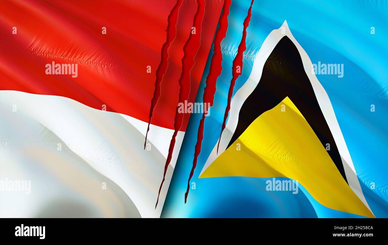 Indonesia and Saint Lucia flags with scar concept. Waving flag,3D