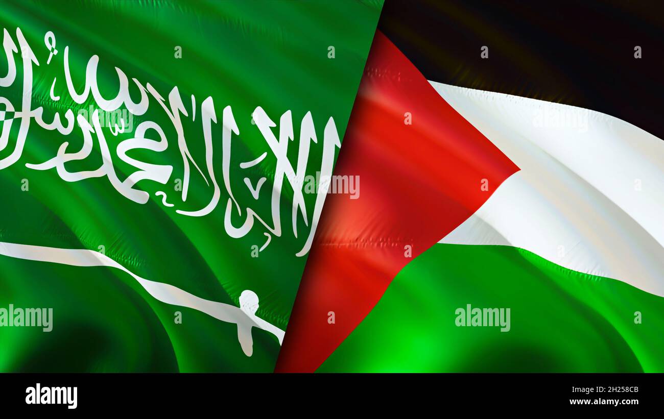 Saudi Arabia and Palestine flags. 3D Waving flag design. Palestine