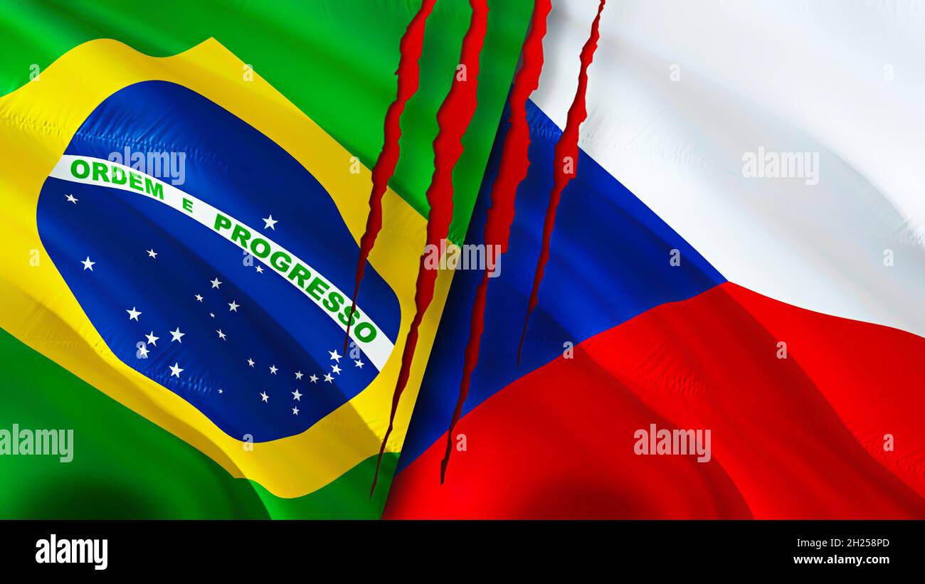 Brazil and Czech flags with scar concept. Waving flag 3D rendering